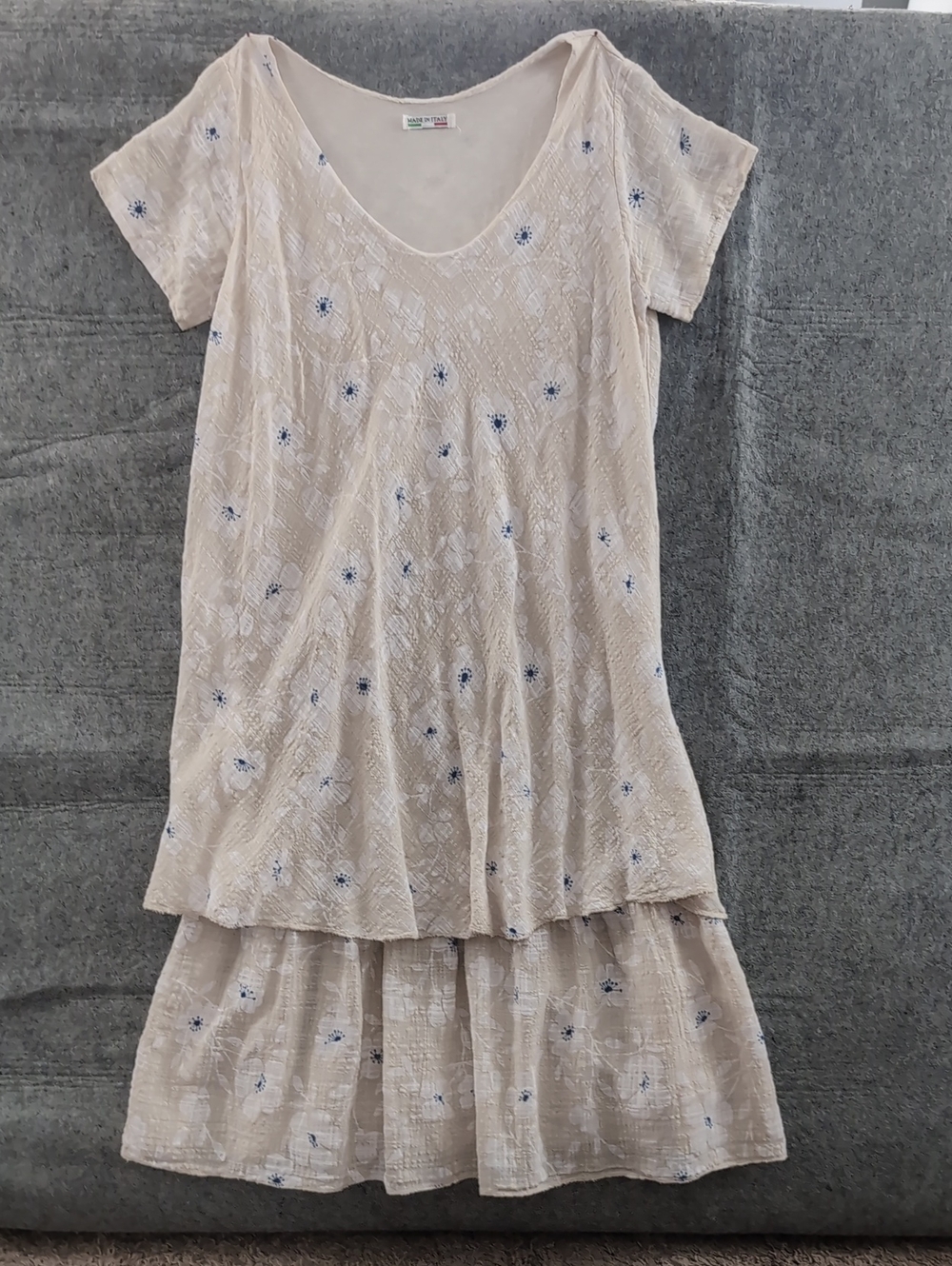 Women's Cream Dress with Blue Floral Embroidery